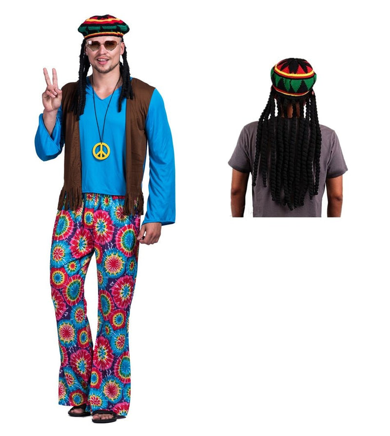 Kids hippie costume with tie-dye flared pants, blue shirt, fringe vest and peace necklace