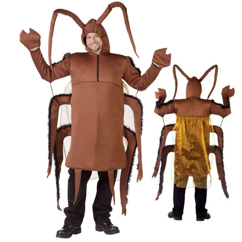 Adult cockroach costume with six padded legs and antennae hood