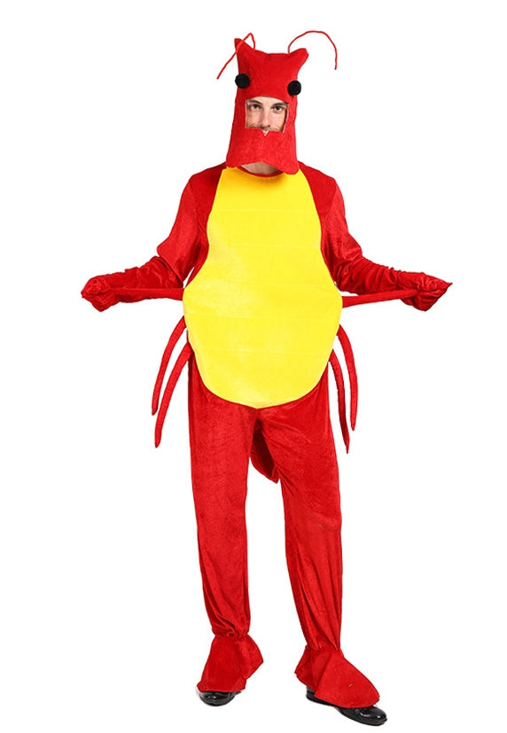 Adult in full red lobster costume with yellow belly panel and oversized claws