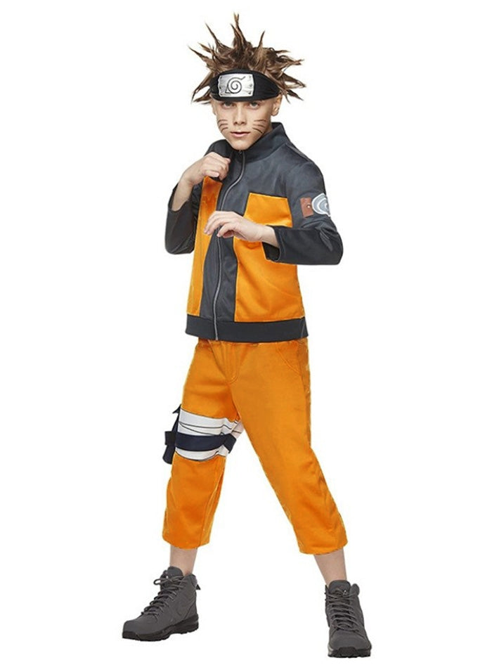 Kids anime ninja costume with orange jacket and black sleeves, front view