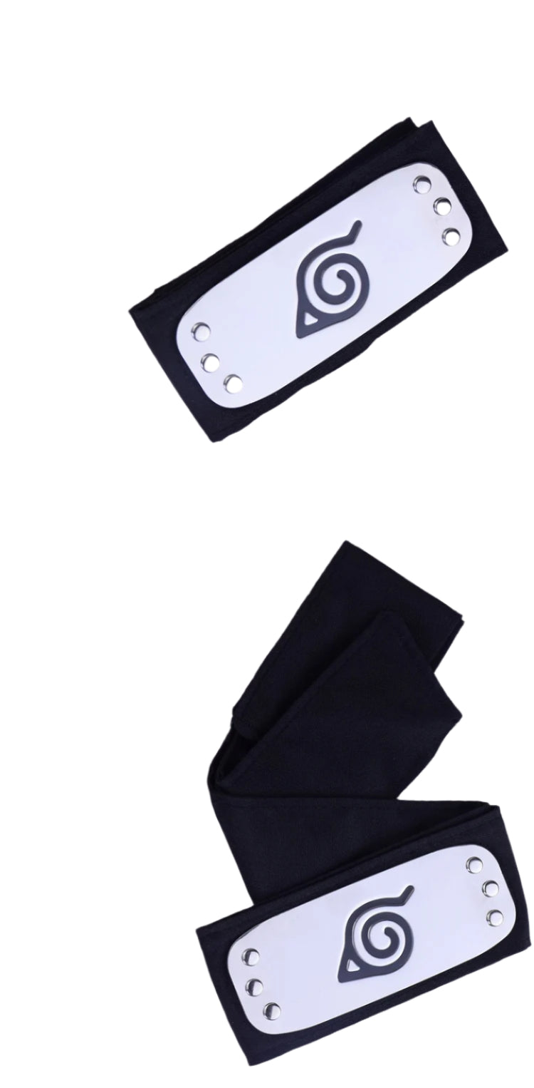 Black ninja headband with silver metal leaf village symbol plate and rivets