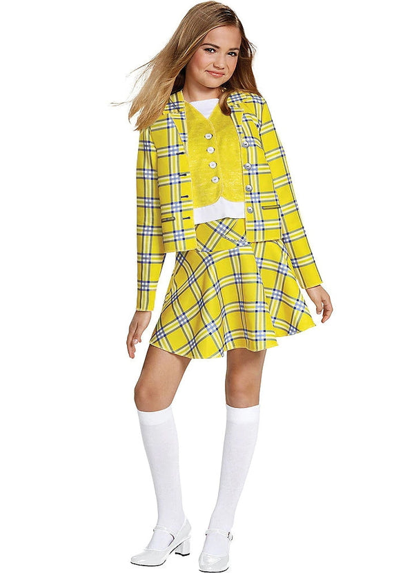 Kids yellow plaid blazer and pleated skirt costume with bright vest