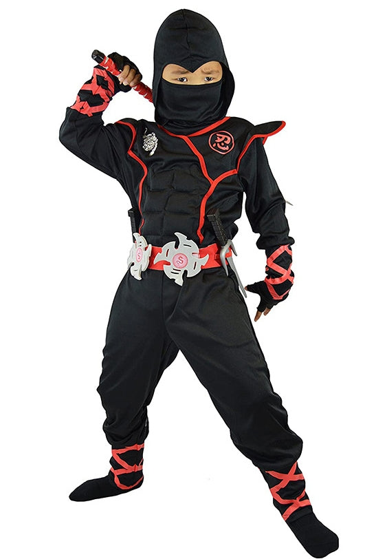 Kids ninja warrior costume with black muscle-padded jumpsuit and red trim