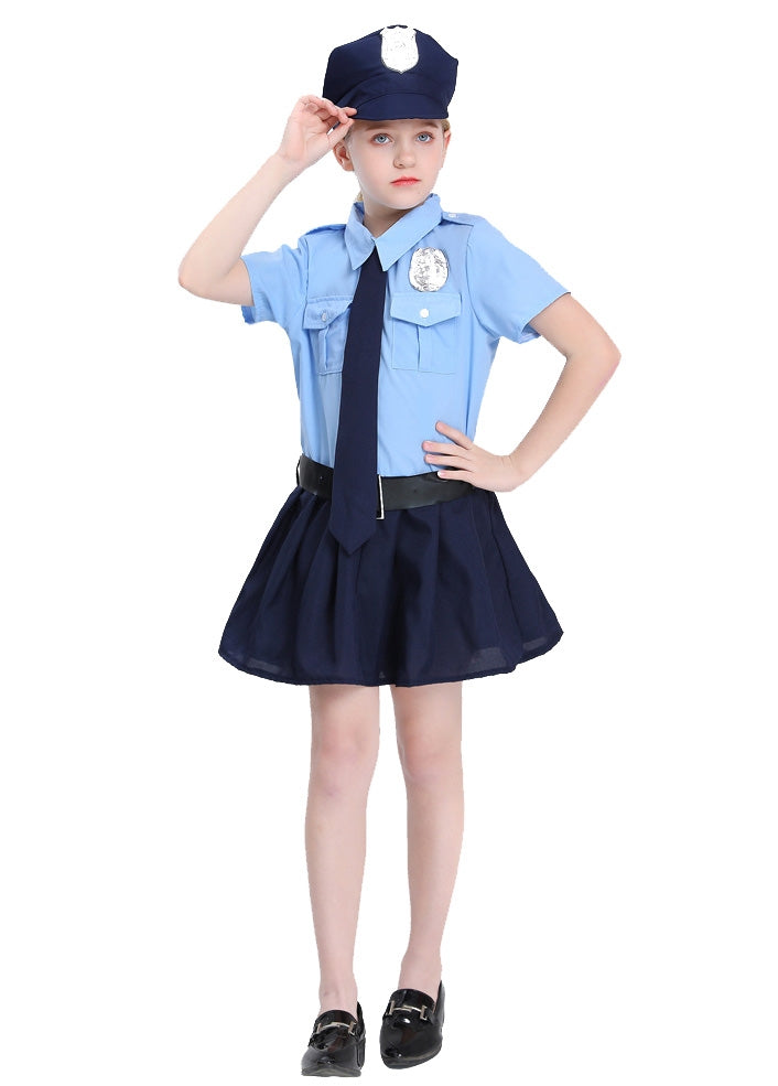Girls police officer costume with pale blue shirt and navy pleated skirt