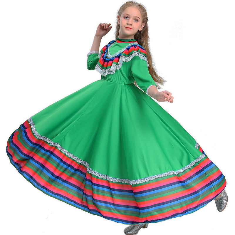 Kids green folkloric dance dress with rainbow striped trim and white lace, full skirt to ankles