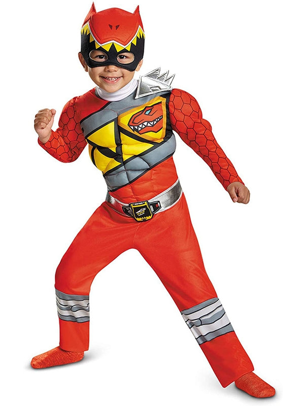 Child wearing red dinosaur warrior jumpsuit with T-Rex mask and silver shoulder armour