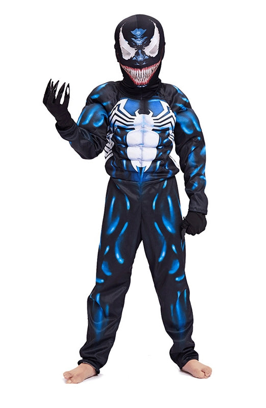 Child wearing black alien symbiote costume with blue flame stripes and padded muscle chest
