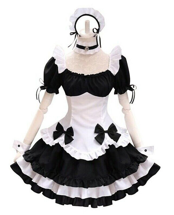 Black and white French maid costume for kids with ruffled apron and bonnet