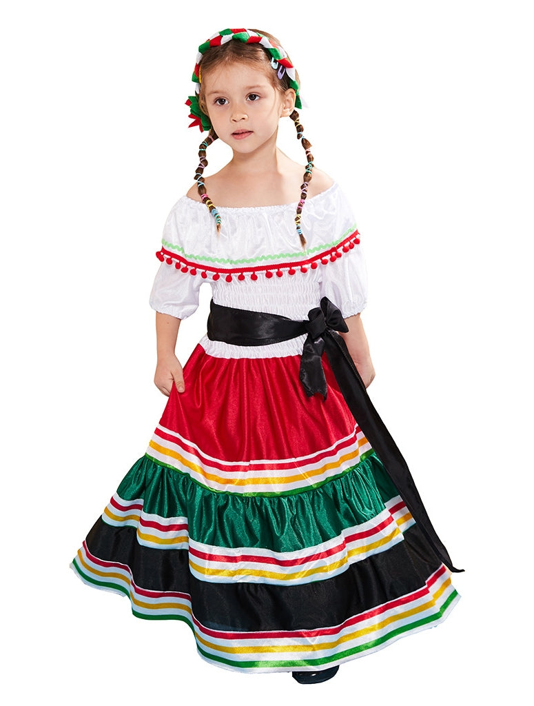 Kids Mexican folkloric dancer costume with tiered red green black satin skirt and white off-shoulder top
