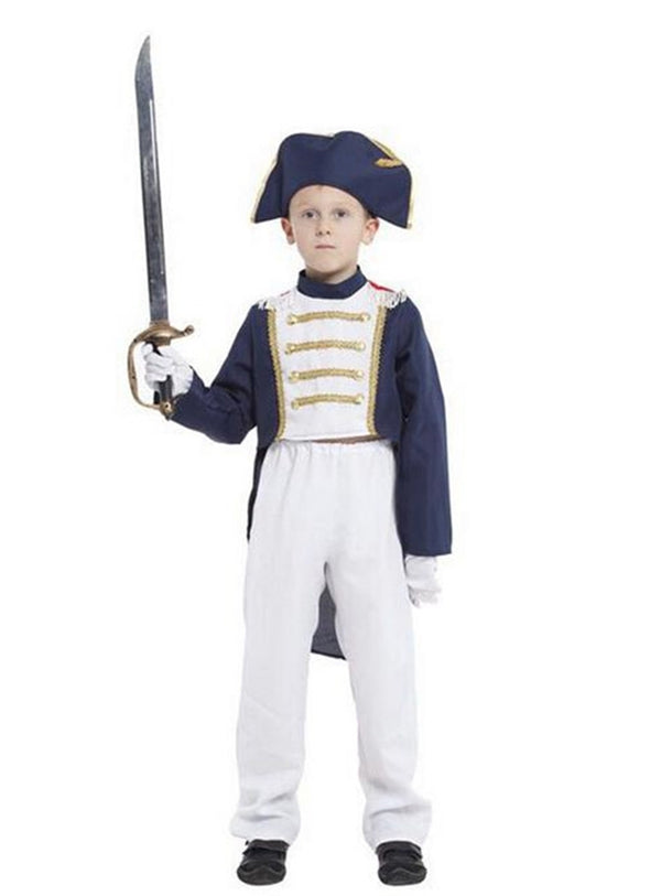 Child wearing Kids French General costume with bicorne hat and tailcoat jacket
