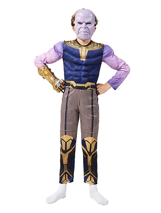 Kids purple titan warrior costume with padded muscle chest and full face mask