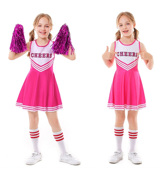 Kids pink cheerleader costume dress with white pleated skirt and CHEERS print