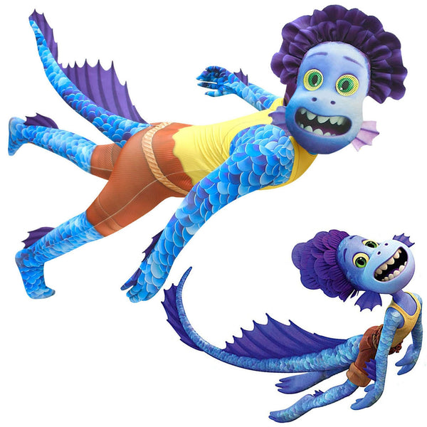 Kids sea monster morph suit costume front view with blue scales and purple fins