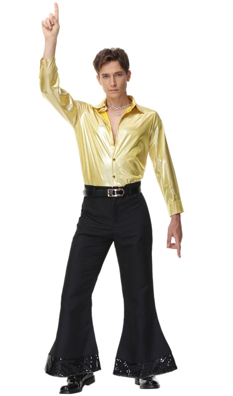 Men's 70s disco costume with gold lamé shirt and black sequined flared pants