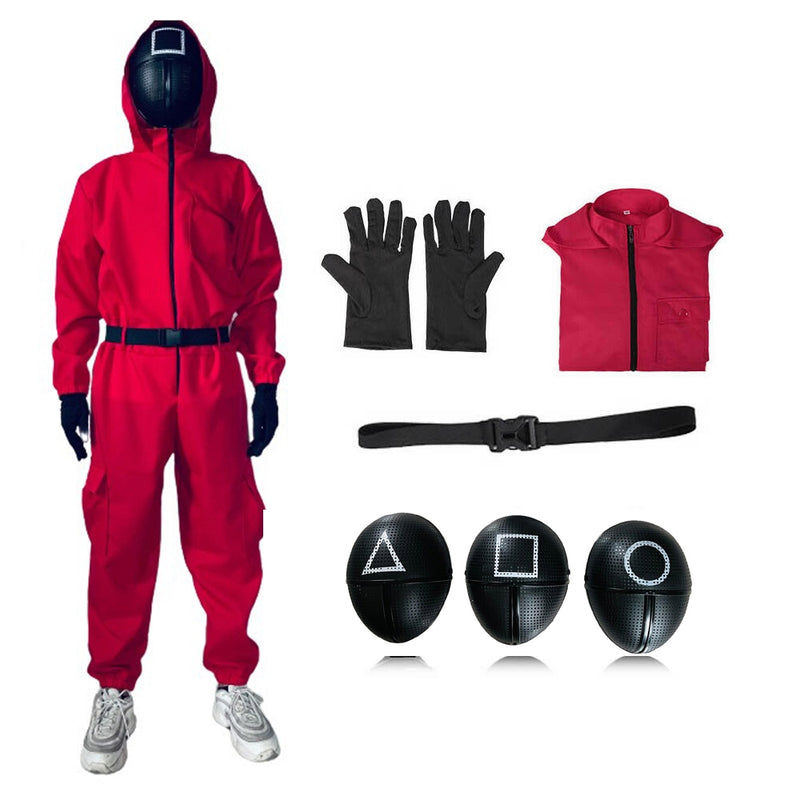 Kids red hooded jumpsuit costume with black geometric masks laid flat
