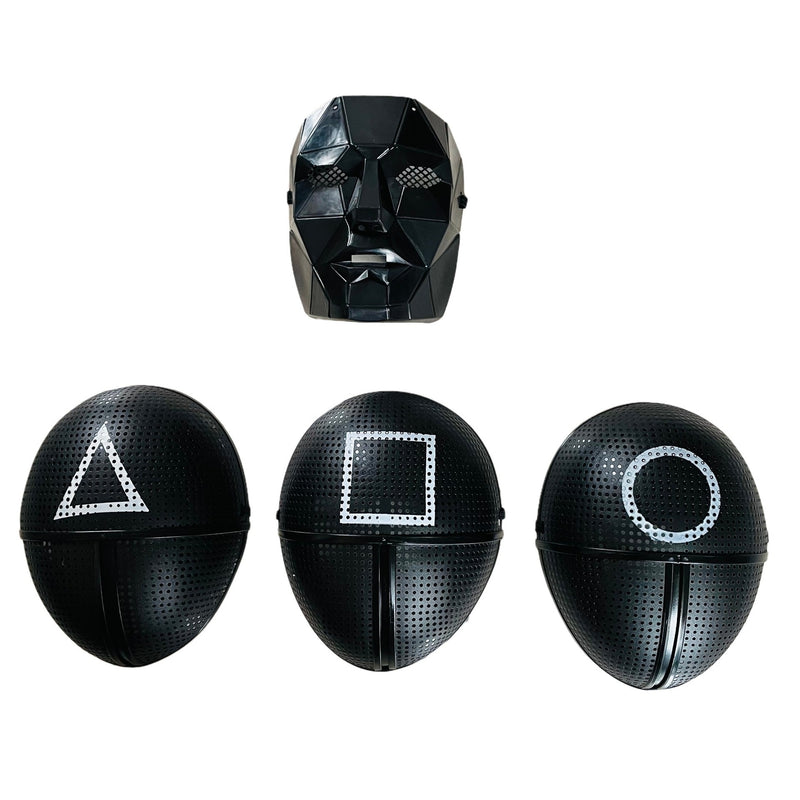 Four black geometric guard masks with white symbols - Front Man, triangle, square and circle designs