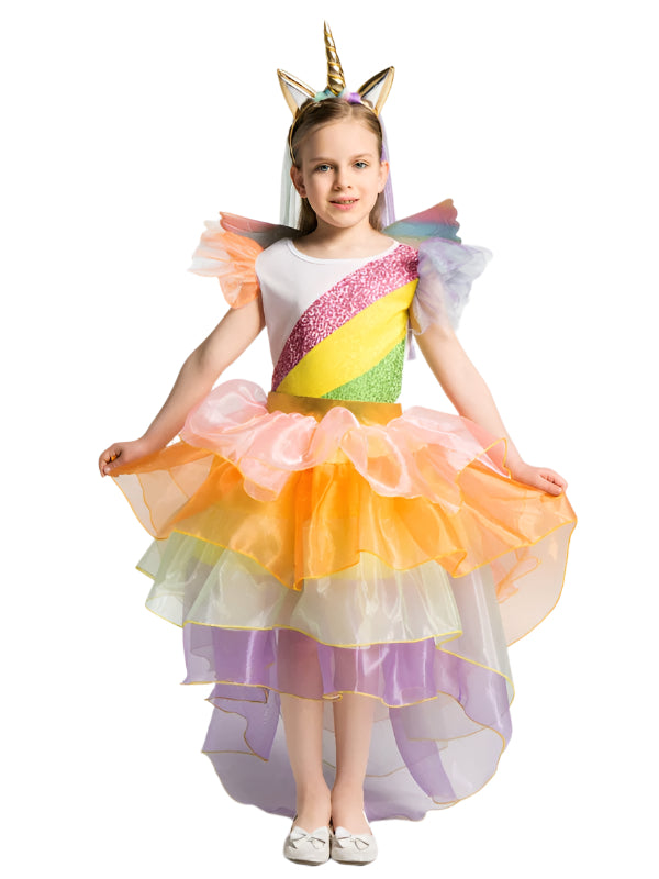 Kids rainbow unicorn fairy dress with white bodice and multi-layer rainbow tulle skirt