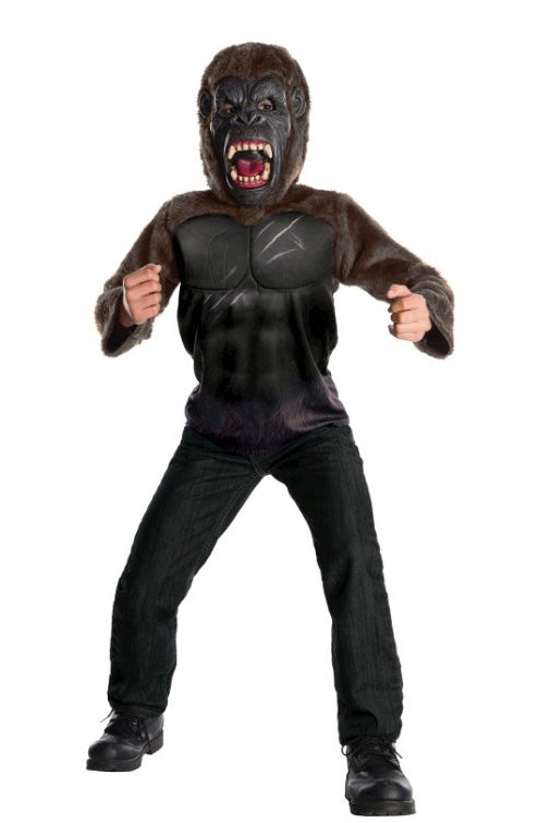Child wearing brown gorilla mask with roaring mouth and muscle chest costume