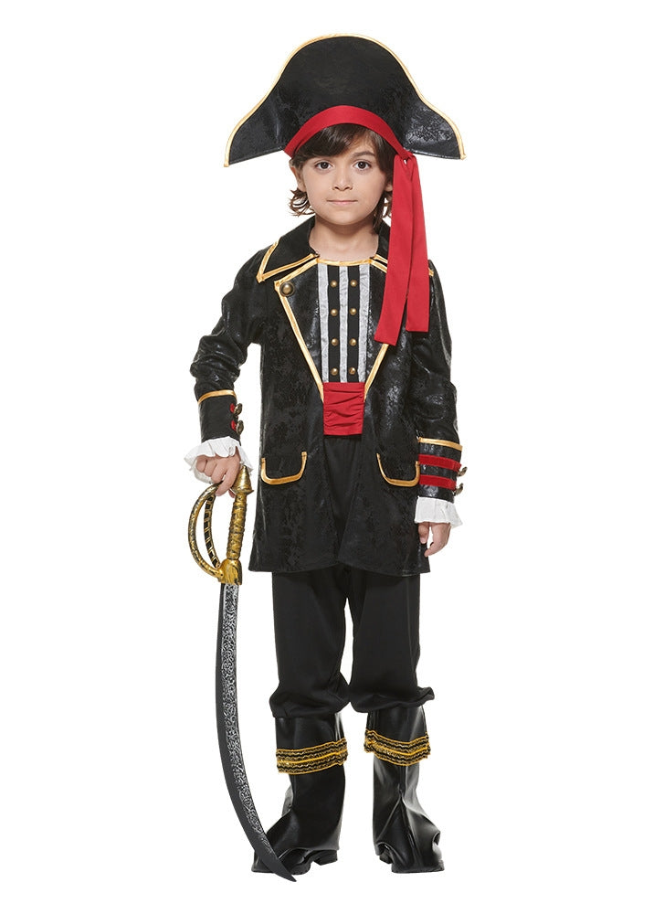 Child wearing black pirate captain costume with tricorn hat and gold trim