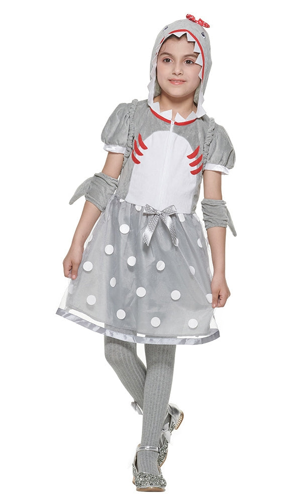 Child wearing grey shark costume dress with hooded teeth trim and arm fins