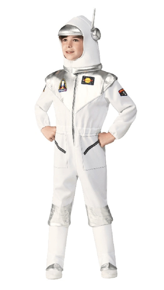 Kids white astronaut costume with silver panels and mission patches