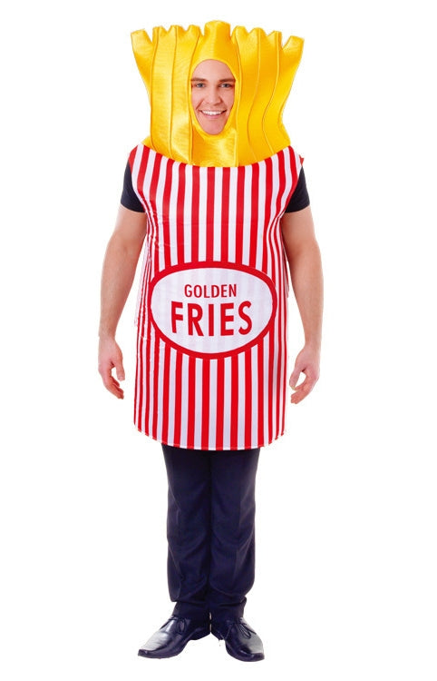Child wearing yellow french fries headpiece costume with red and white chip box tunic