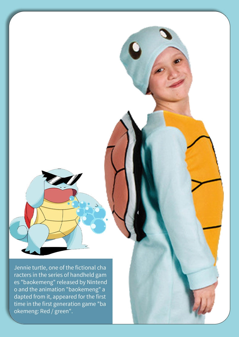 Kids blue turtle costume onesie with yellow chest panel and shell on back