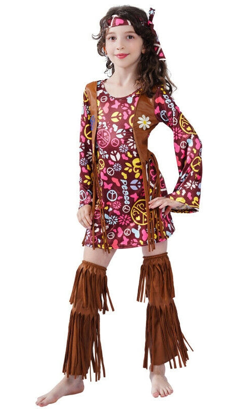 Kids 70s hippie costume with burgundy floral dress and tan fringe vest