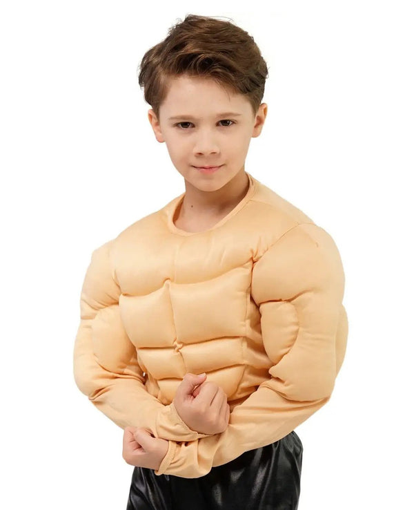 Child wearing padded muscle suit costume with defined chest and arm muscles