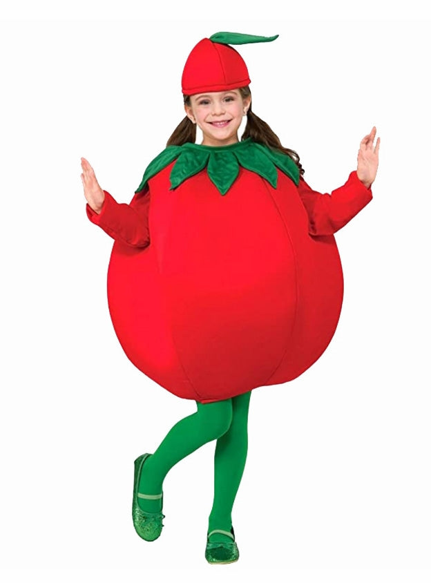 Child wearing bright red padded tomato costume with green leaf cap