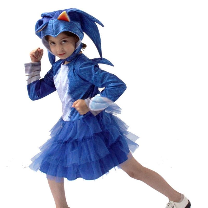 Kids blue hedgehog costume dress with spiky hood and layered tulle skirt