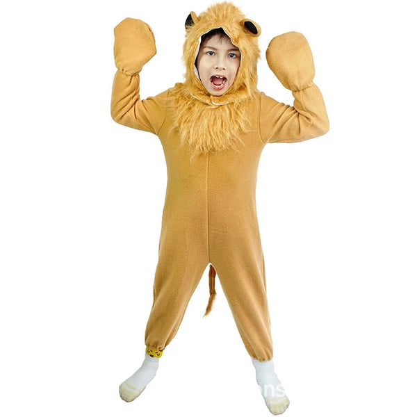 Kids lion costume onesie with fluffy mane hood and tail for Book Week