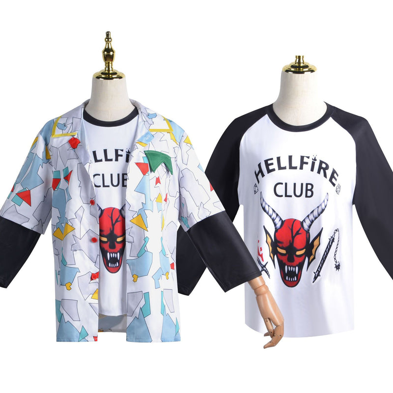 Front view of kids 80s arcade gamer costume with white raglan tee featuring red demon club logo and layered geometric print shirt
