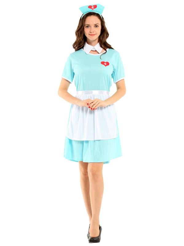 Kids nurse costume with light blue dress, white apron and cap with red cross