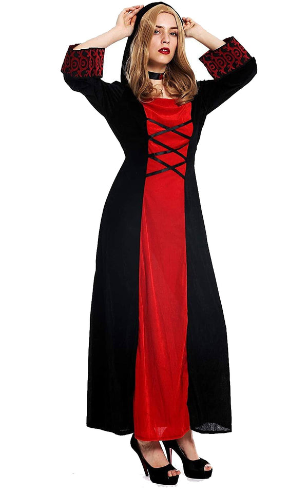 Girls gothic enchantress costume with black hooded robe and red dress