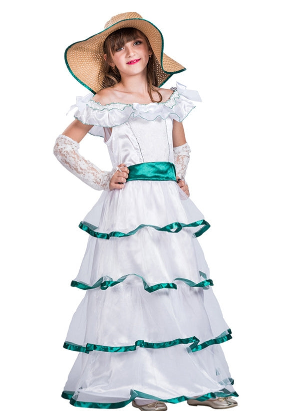 Kids white southern belle costume with ruffled skirt and green trim