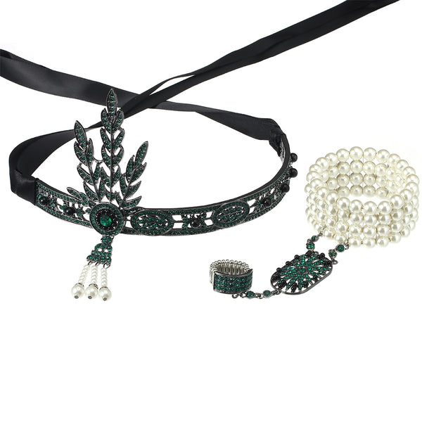 Green 1920s Flapper Headpiece Bracelet Ring Set