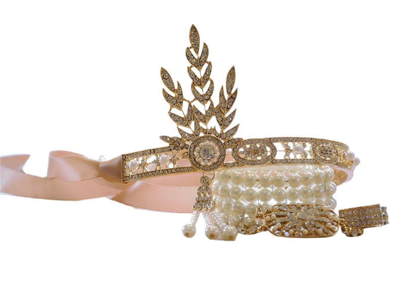1920s Golden Headband Bracelet Ring Vintage Gatsby Set