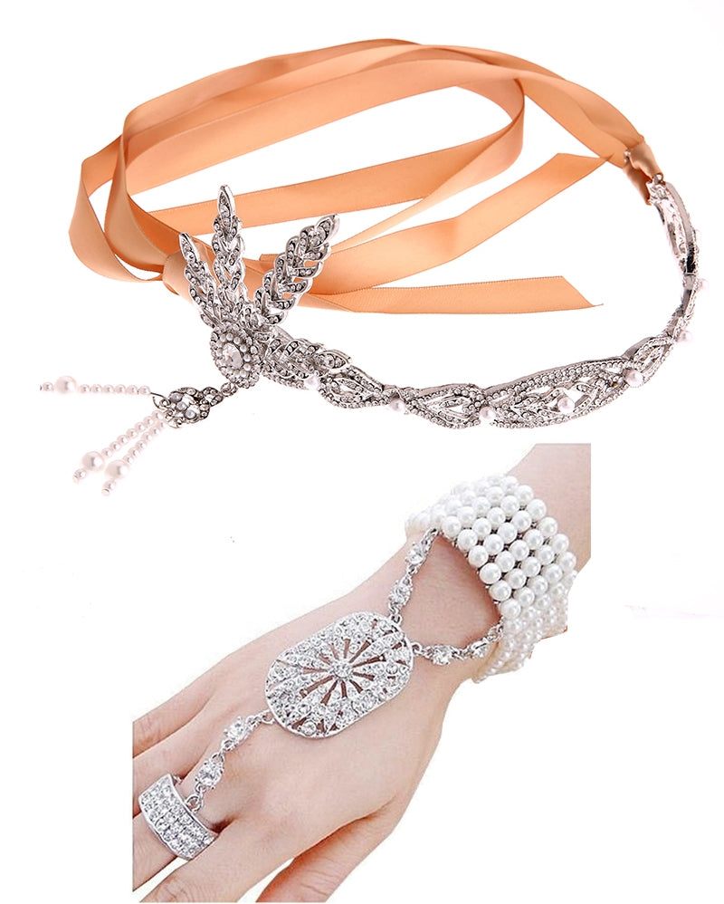 Silver 1920s Headband Bracelet Ring Vintage Headpiece Set