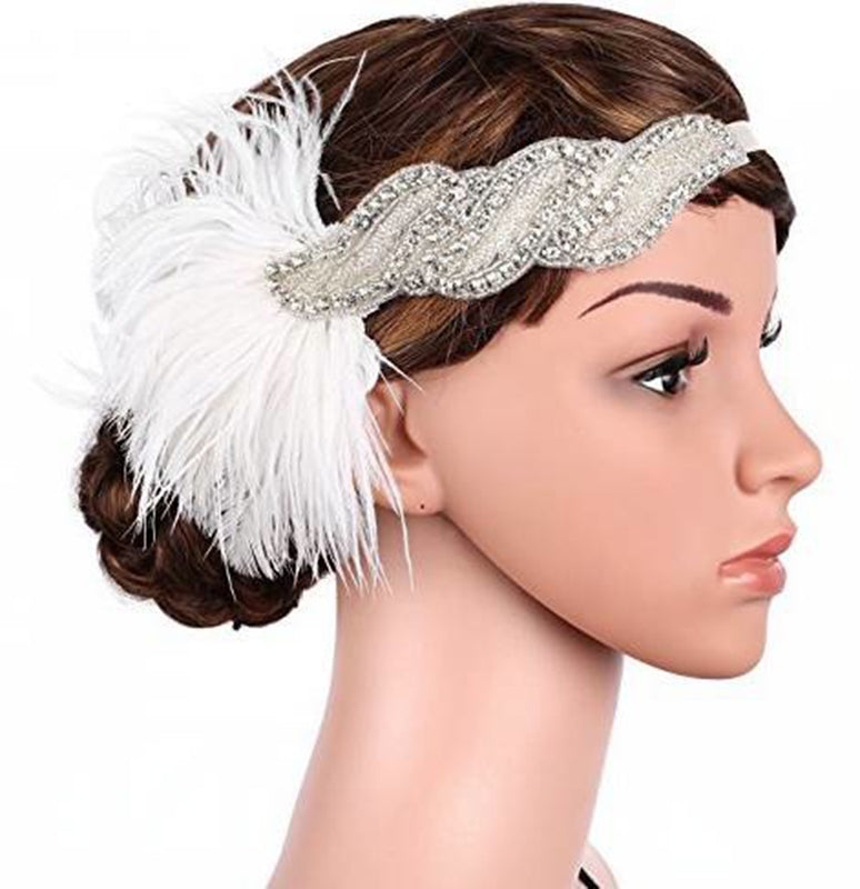 1920s White Feather Vintage Bridal Great Gatsby Flapper Headpiece