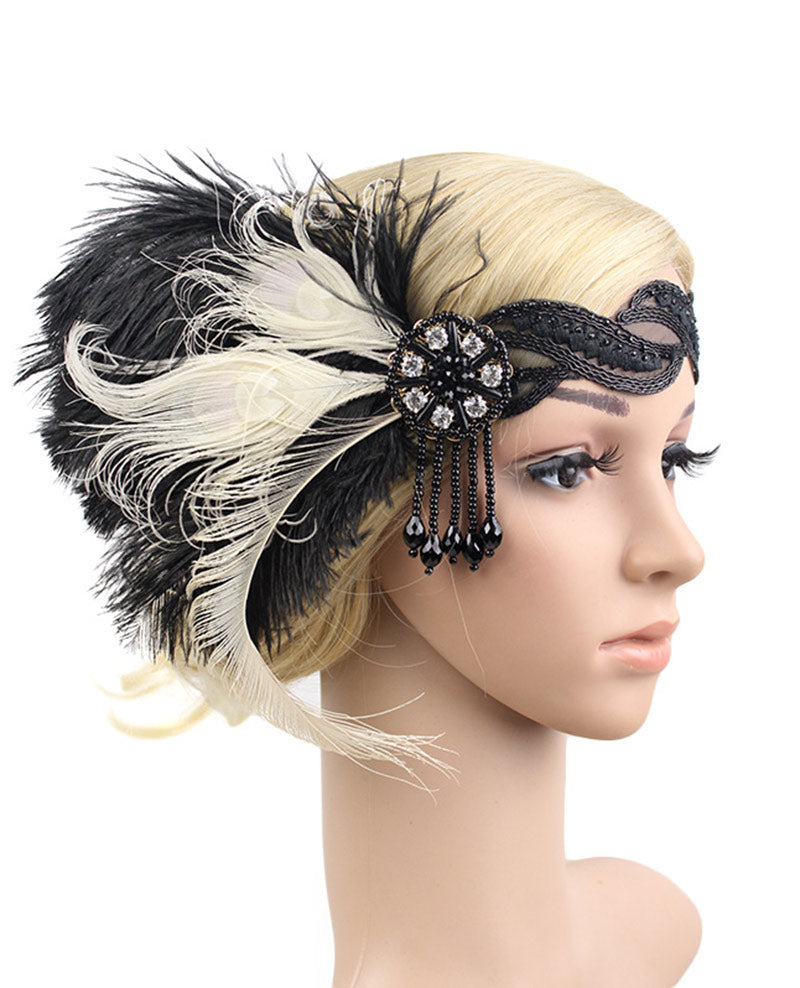 1920s White Black Feather Great Gatsby Flapper Headpiece
