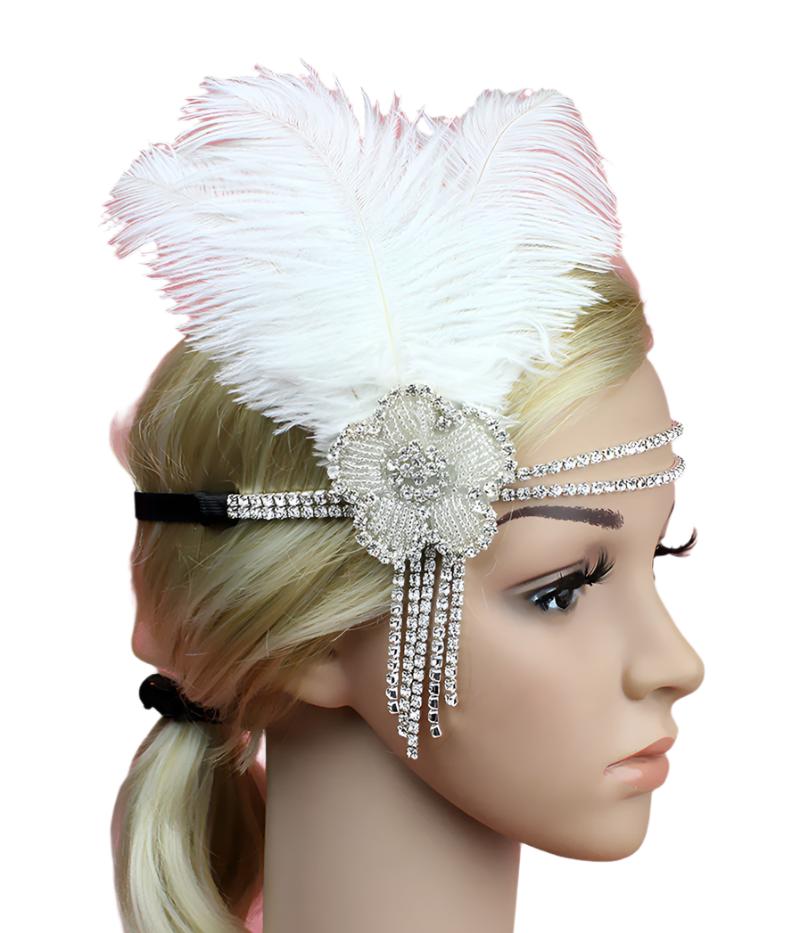 1920s White Feather Vintage Bridal Great Gatsby Flapper Headpiece