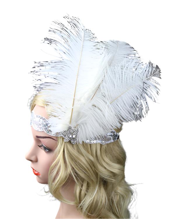 1920s White Feather Bridal Great Gatsby Flapper Headpiece