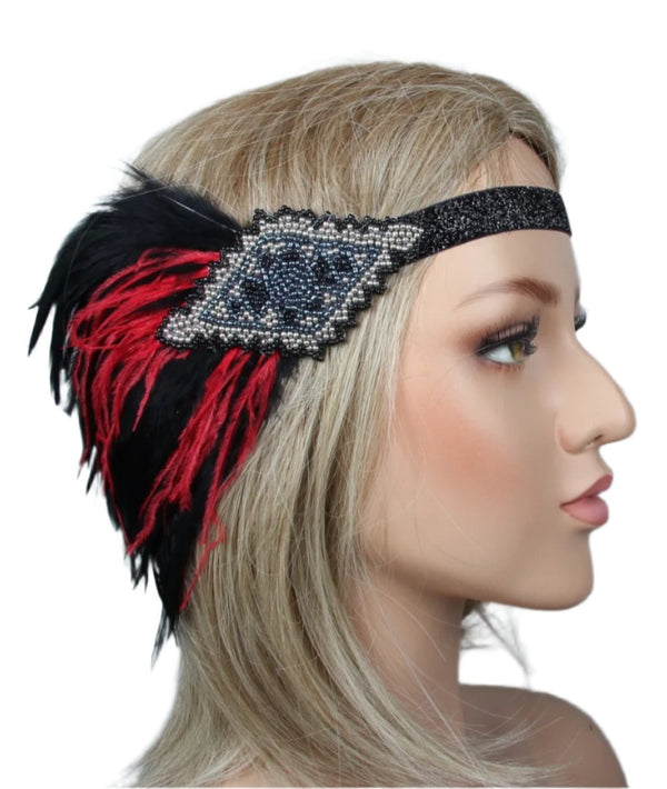 Adult 1920s Flapper Headband - Red Black Feather Gatsby Accessory
