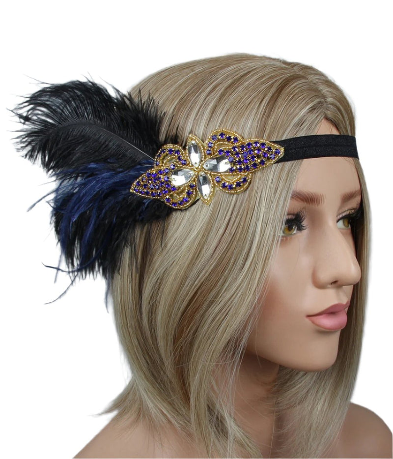 Adult 1920s Flapper Headband - Black & Blue Feather Great Gatsby Headpiece