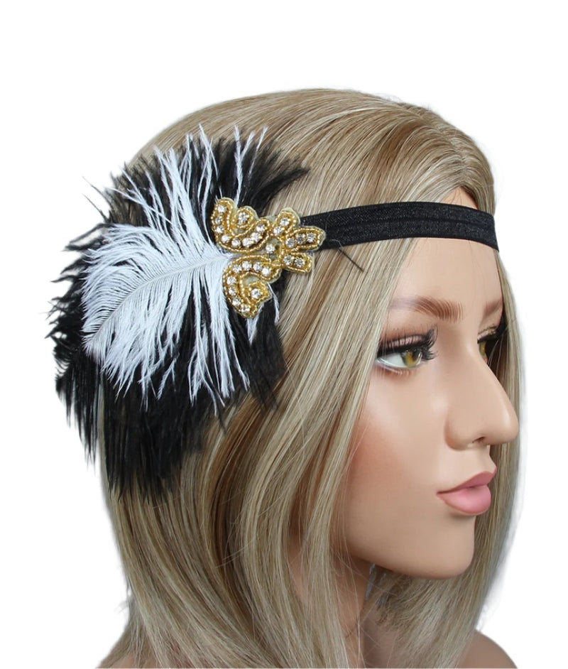 Adult 1920s Flapper Headband - Black & White Feather Gatsby Hair Accessory