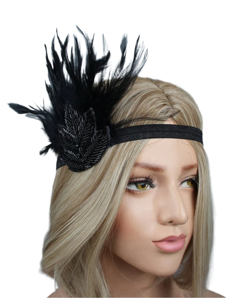 1920s Black Feather Great Gatsby Flapper Headpiece