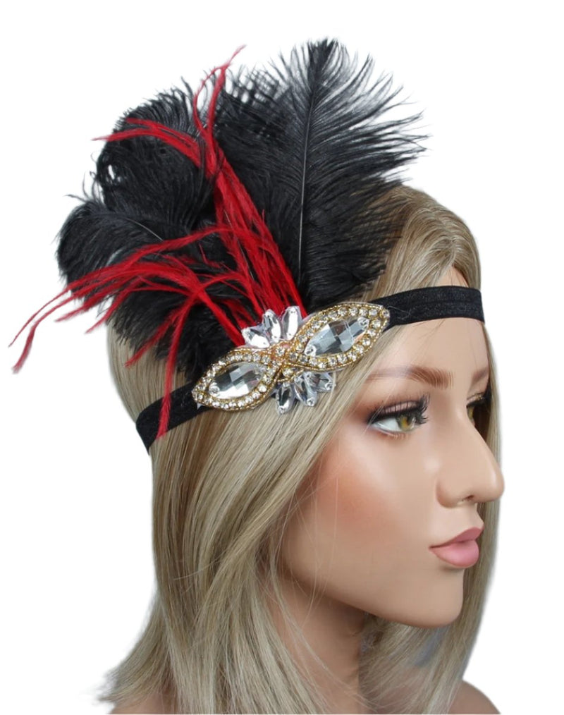 Adult 1920s Flapper Headband - Gatsby Feather & Crystal Costume Accessory