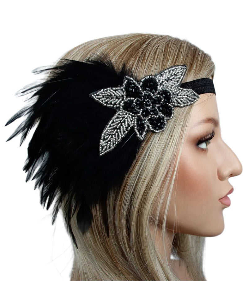 Adult 1920s Feather Headband - Black Gatsby Flapper Accessory