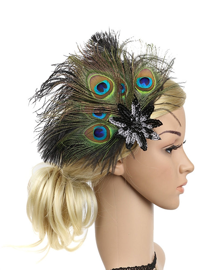 Adult 1920s Flapper Headband - Peacock Feather Gatsby Accessory